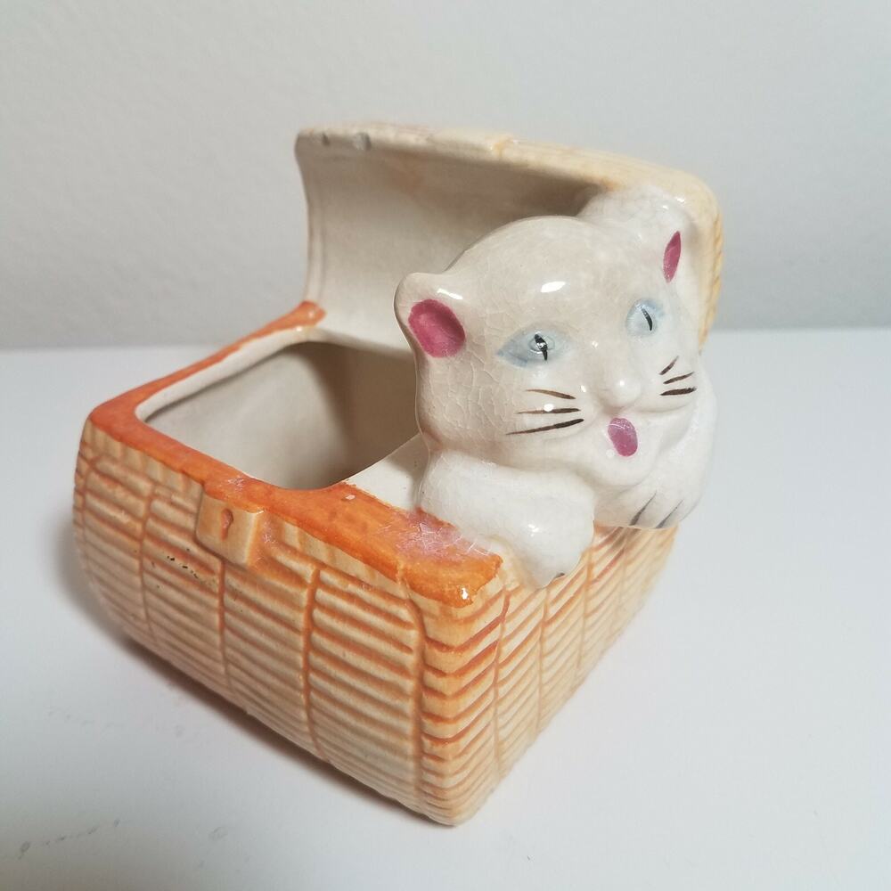 CAT PLANTER Occupied Japan Popping Out of Basket Porcelain Flower Bud Vase 3"